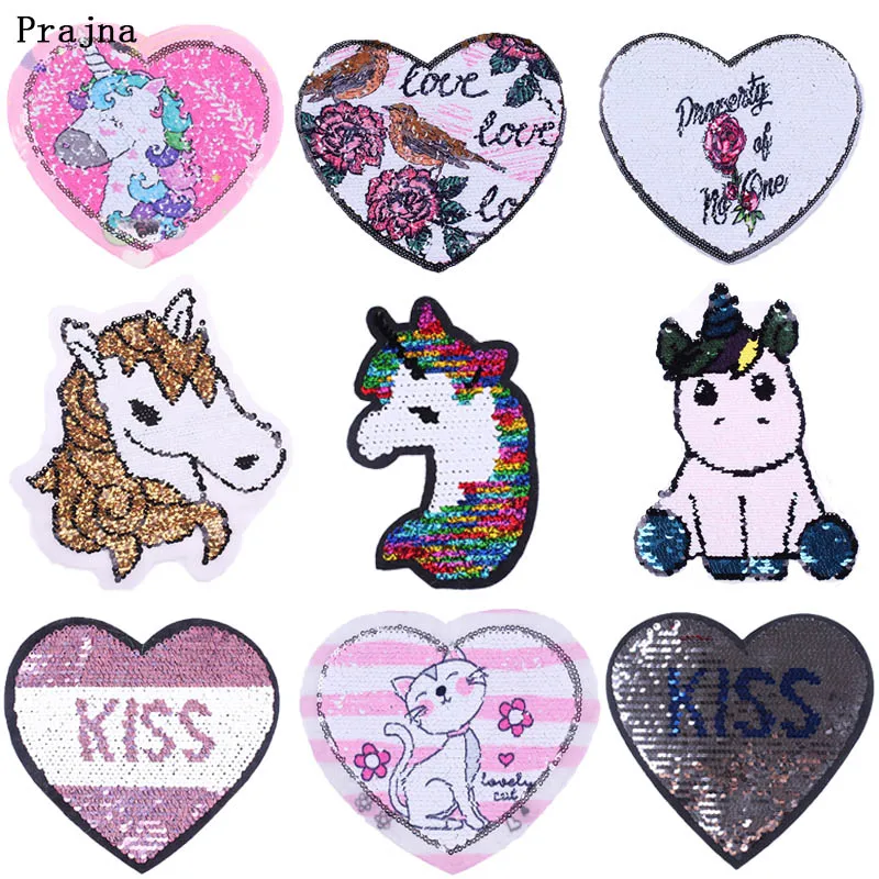 

Prajna Cartoon Patches Sequins Sew on Patches for Clothing DIY Reversible Change Color Stickers Unicorn Decoration Love Animal F