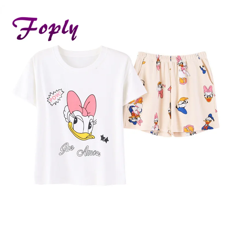 Foply пижамы для Для женщин пижамы многоцветный короткий рукав лук-узел мультфильм шаблон печати Топ белая футболка и шорты пижамный комплект