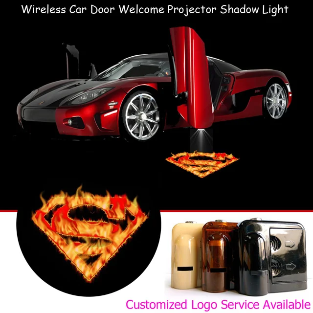 2x Flaming Superman Logo Car Door Step Courtesy Welcome Laser 2x Flaming Superman Logo Car Door Step Courtesy Welcome Laser Projector Wireless Puddle Ghost Shadow Led Lights