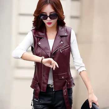 

Brieuces Zipper Leather Vest Women PU Soft Vest Ladies Leather Motorcycle Pocket vest waist coat Rivet Waist Coat Biker vest