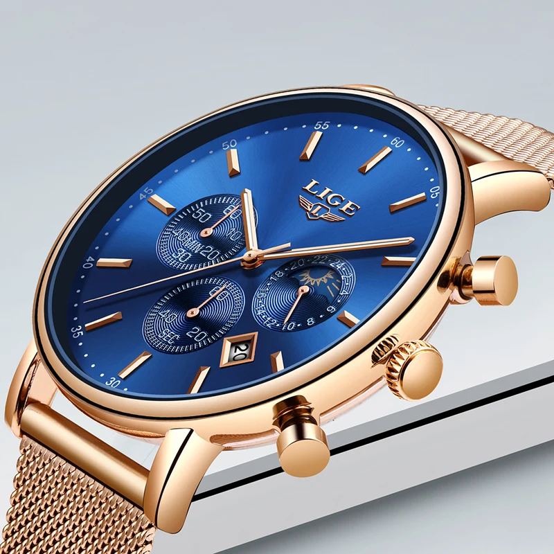 LIGE Mens Watches Top Brand Luxury Quartz Wristwatch Mem Grid strap All Steel Waterproof Sport Chronograph+Box Relogio Masculino