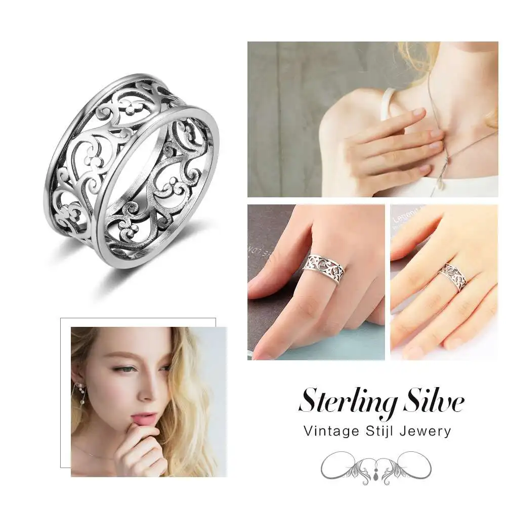 Solid 925 Sterling Silver Female Rings Vine Wave Pattern Vintage Style Rings High Quality Jewelry Sister Gift(JewelOra RI102786)