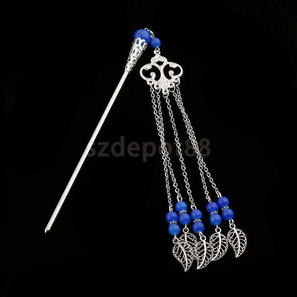 Solid Metal Tasel with Beads Stick Pin Hanfu Dress Ancient Chinese Cosplay Drama Girls Cute Hair Pin
