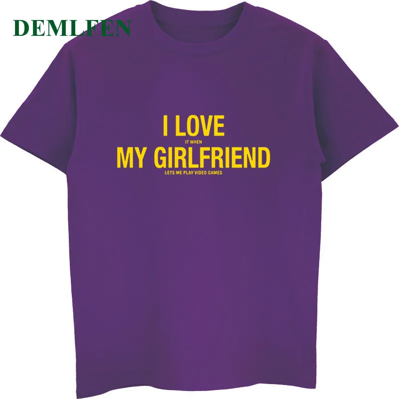 Забавная футболка с надписью «I Love It When My Girlfriend Lets Me Play Video Games», летняя Мужская хлопковая футболка с коротким рукавом, крутые футболки, топы - Цвет: purple