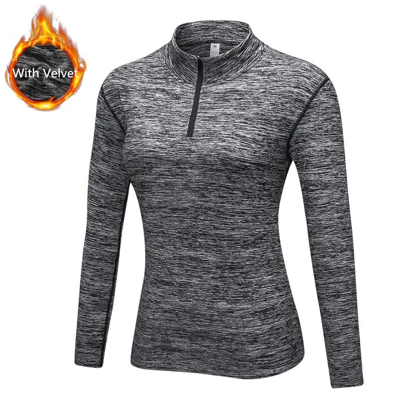 С шерстью, зимняя женская рубашка для йоги с длинным рукавом, Женская Профессиональная рубашка для бега, быстросохнущая эластичная полумолния, фитнес-толстовка - Цвет: grey