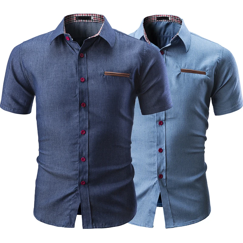 

Trendy Mens Jeans Shirt Solid Color Male Denim Shirt Summer Casual Darkblue Lightblue M-3XL Men Short Sleeve Shirt