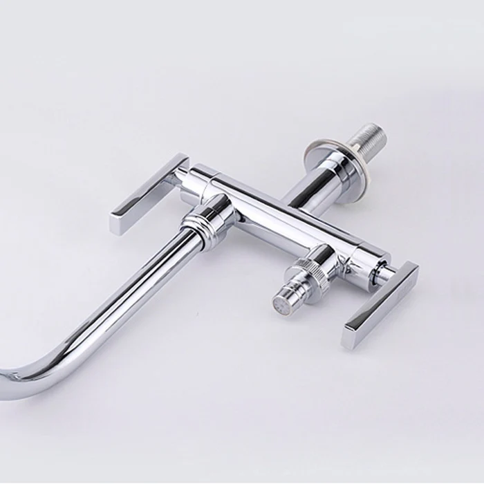 Contemporary Chrome Finish Solid Brass Kitchen Faucet Two Swivel Spouts Deck Mount Mixer Faucet Vessel Sink Mixer Tap cozinha