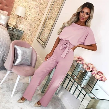 

2019 Elegant Party Wrap Plunging O Neck Short Sleeve Solid High Waist Maxi Jumpsuit Summer Women Casual Jumpsuit Plus Size S-3XL