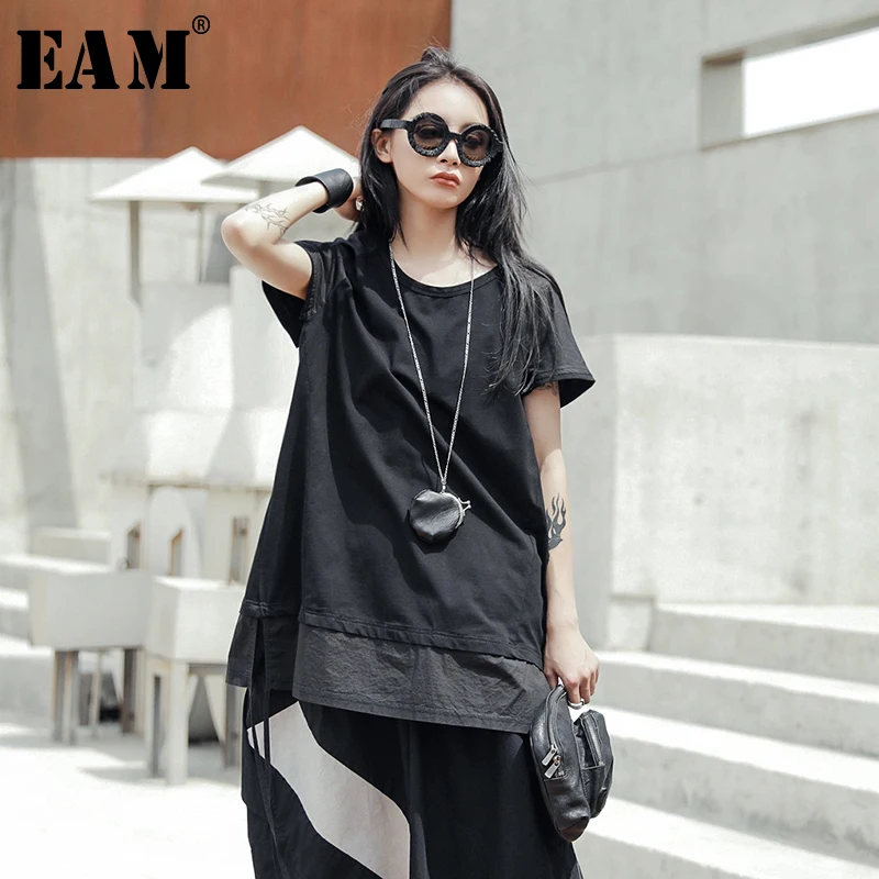 

[EAM] 2019 New Spring Summer Round Neck Short Sleeve Black Side Vent Bandage Loose Temperament T-shirt Women Fashion Tide JX165