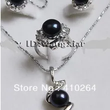 Wholesale_jewelry_wig$ Подлинный Черный Akoya Культивированный жемчуг Серьги/Кольца/Ожерелья Набор