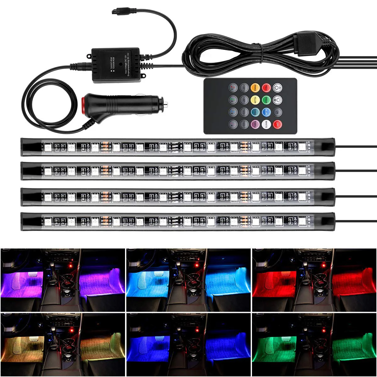 Music Activated RGB Automobile Interior Decoration Light Bars LE 4pcs 48 LEDs Car Strip Lights Car Charger Included DC 12V Sound Sensor Function Wireless Remote Control 