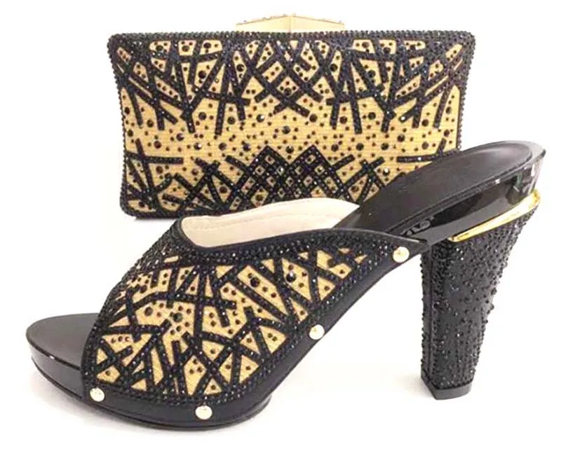 Африканская Дамская aso ebi обувь и комплект с сумкой Новая итальянская обувь и сумочки-клатча черный элегантный камнями обувь и сумка