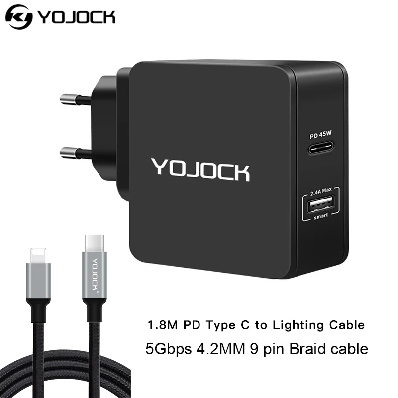 

YOJOCK 45W PD Wall Charger With Power Delivery Dual 2.4A USB Charger for iPhone X 8 With PD Type C to Lighting Charging Cable