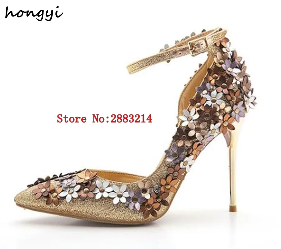 

Wholesale Pointed Toe Glitter Flower Lady High Heels Wedding Party Bridal Shoes Gold Silver 10cm 8cm Stiletto Sandals Shoes