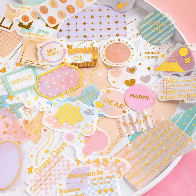 45Pcs Cute Bronzing Stationery Stickers Kawaii Letter Stickers Paper Adhesive Stickers For Girl Scrapbooking Diary Photos Albums
