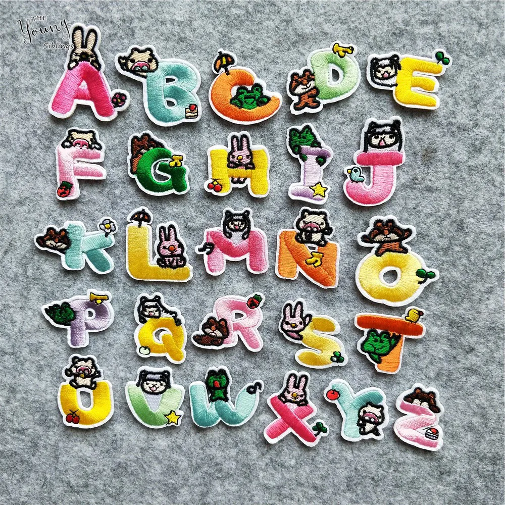 

English Alphabet Letter Mixed Embroidered Iron On Patch For Clothing Cartoon Animals Badge Paste For Clothes Bag Pant Sewing