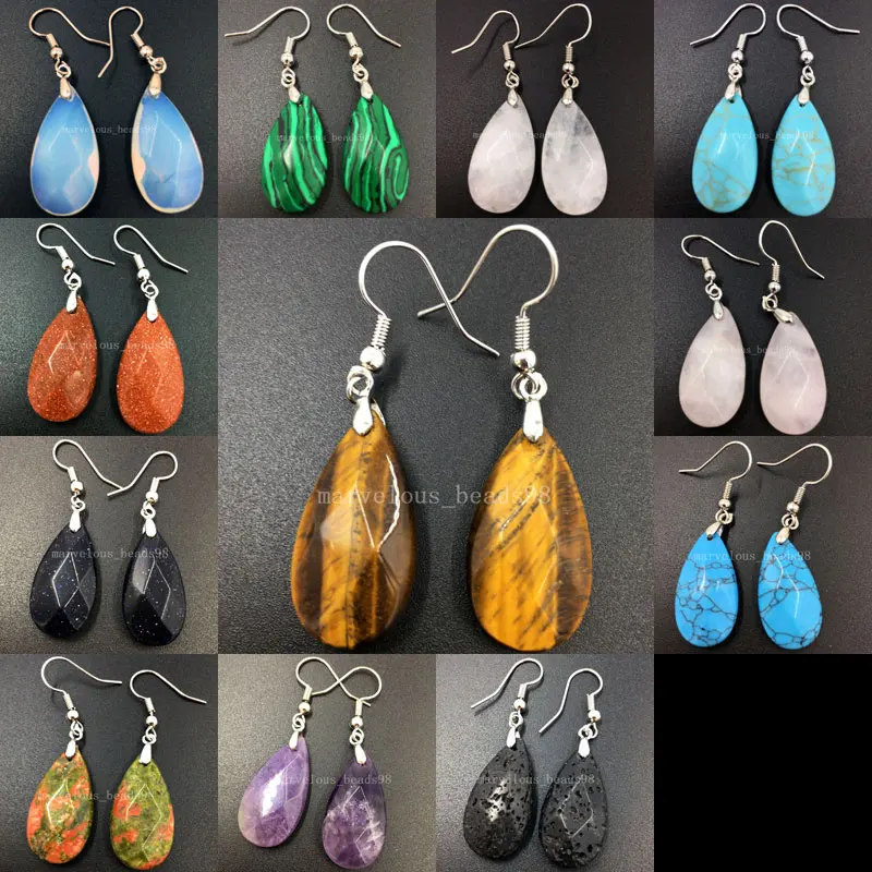 

Tigers Eye Malachite Blue Sand Goldstone Crystal Opal Howlite Volcanic rocks Water Drop Art Women Men Dangle Earrings WB572