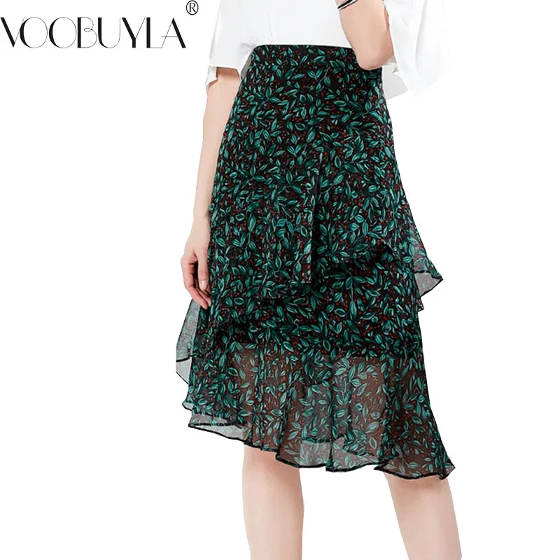 

Voobuyla 2019 Summer Elegant Green Print Ruffles Beach Skirts Women Office Casual Mom Asymmetrical Skirts Bohemia Chiffon Skirts