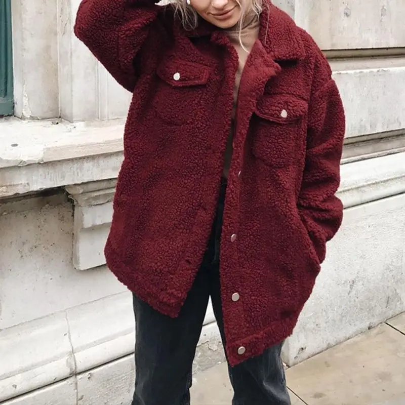 

Fashion Women Solid Turn-down Collar Faux Fur Coat Casual Faux Fur Lambswool Button Coat Autumn Winter Pockets Female Overcoat