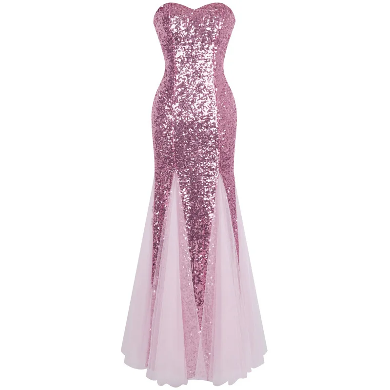 

Angel-fashions Women's New Sequin Reflective Celebrity Dresses Strapless Tulle Vestido de novia Formal Party Gown Pink 053