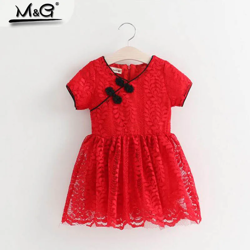 2016 New! Chinese Style Lace Pankou Lantern Sleeve V-neck Knee-length Straight Summer Girls Floral Dress Child Costume Children | Детская