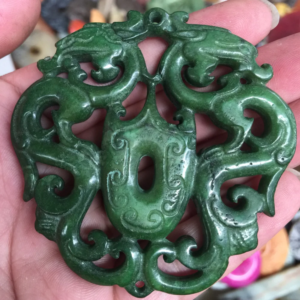 

Free Shipping CHINA HANDWORK CARVE OLD green JADEs 2 dragon STATUE PENDANT