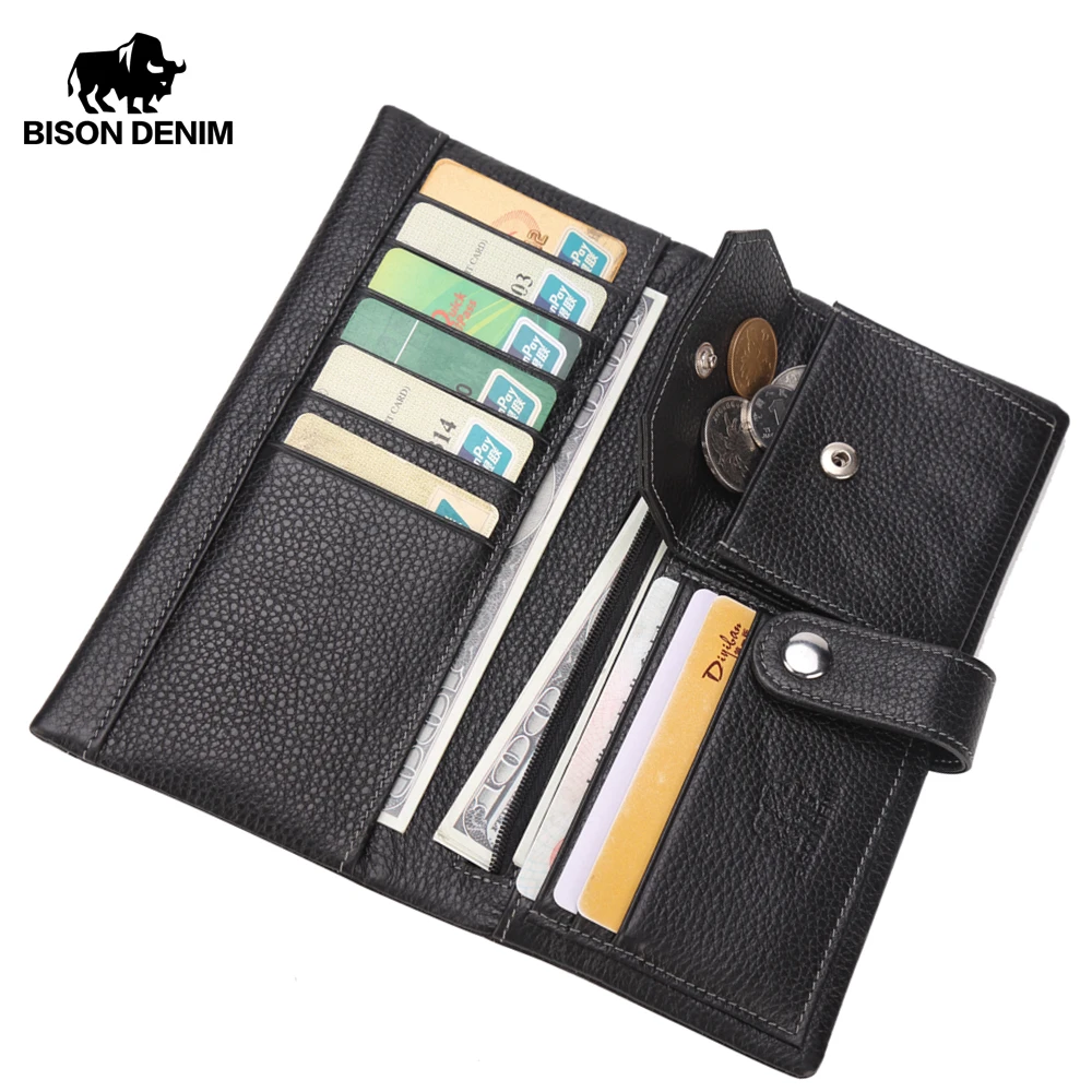 

BISON DENIM NEW Genuine Leather Men Wallet Card Holder Male Wallet Coin Purse Long Clutch Bag Leather Zipper Men Wallet W4409