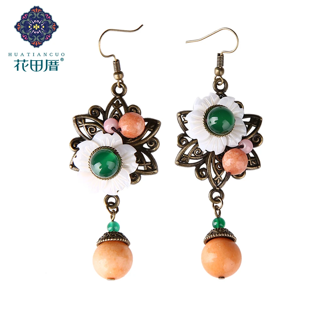 

Original Handmade Green Beads Shell Flower Drop Earrings Vintage Ethnic Fashion Indian Boho Wedding Jewelrys For Women EZ-17023