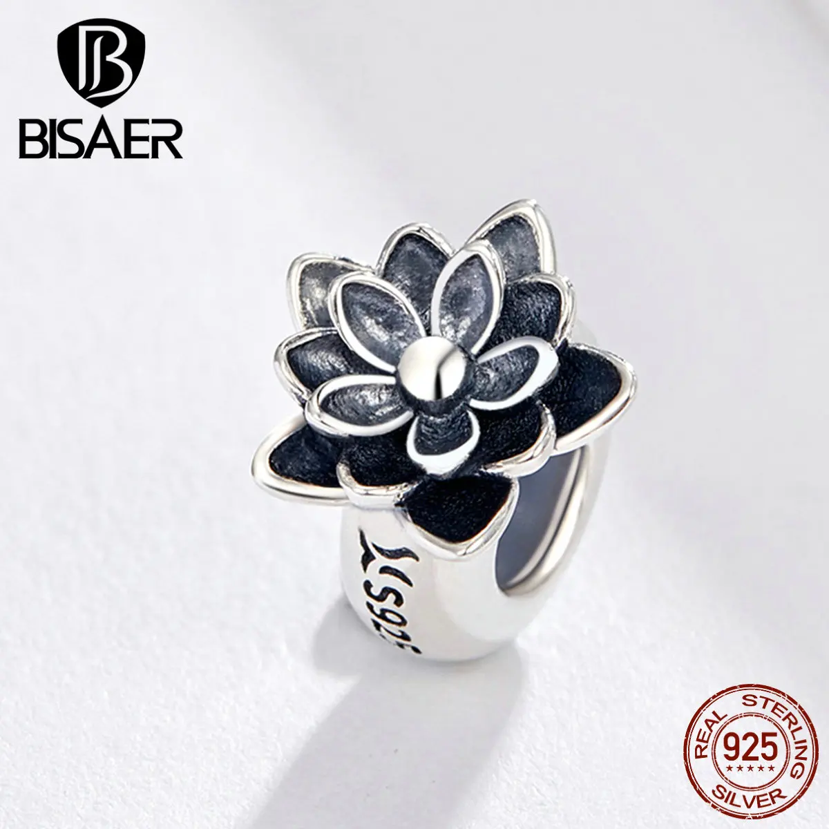 

BISAER Lotus Beads 925 Sterling Silver Black Enamel Lotus Flower Charms Beads fit Women Bracelets Bangles DIY Jewelry ECC1196