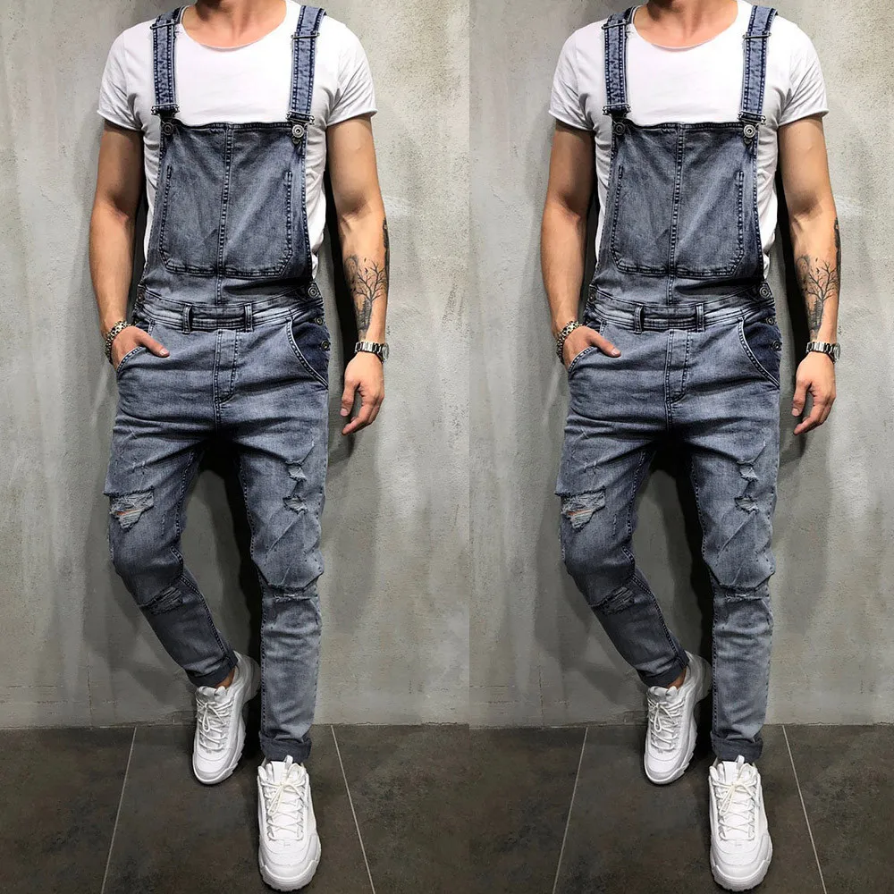 

feitong Men's Jumpsuit Jeans Wash Broken Pocket Trousers Suspender Pants Overall Casual Biker Stretch Jeans Suspender Pants 2019
