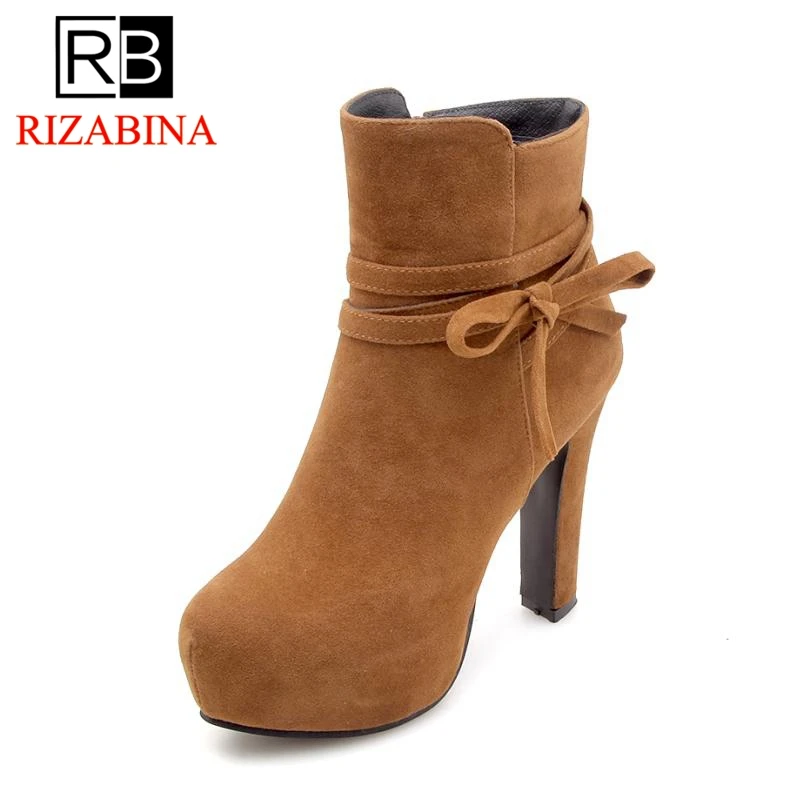 

RizaBina 4 Color Women Ankle Boots Platform Winter Warm Fur Shoes Woman Bowtie Strap High Heels Short Boots Size 34-43