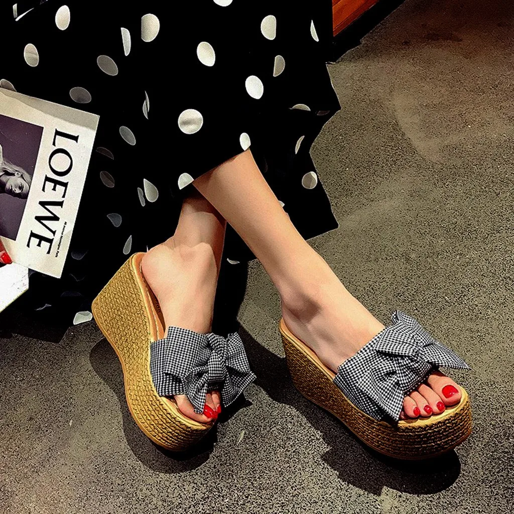 

Women Bowknot Plaid Platform Wedges Fashion Sexy High Heels Sandals Cut Out Bright Beautiful Peep Toe Korean Summer Shoes