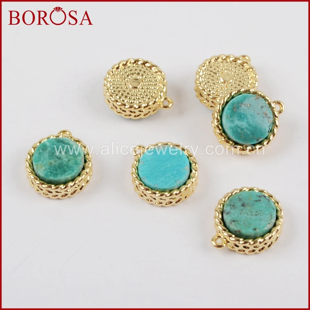 

BOROSA New Arrival 8mm Round Gold Color Bezel 100% Natural Blue Stone Pendant Bead Gems Charm for Necklace Druzy Jewelry ZG0163