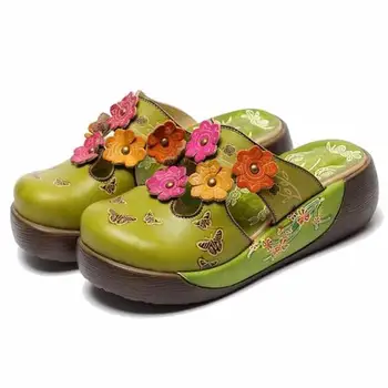 

New Summer Women Wedges Sandals Closed Toe Flower Ethnic Style Handmade Genuine Leather Personalized Women Slippers Shoes S188