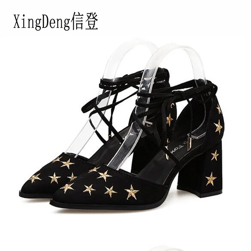 

Women Design Embroidery Star Pointed Toe High Heels Pumps Shoes Ladies Lace Up Bandage Party Sexy Dress Wedding Stilettos Shoes