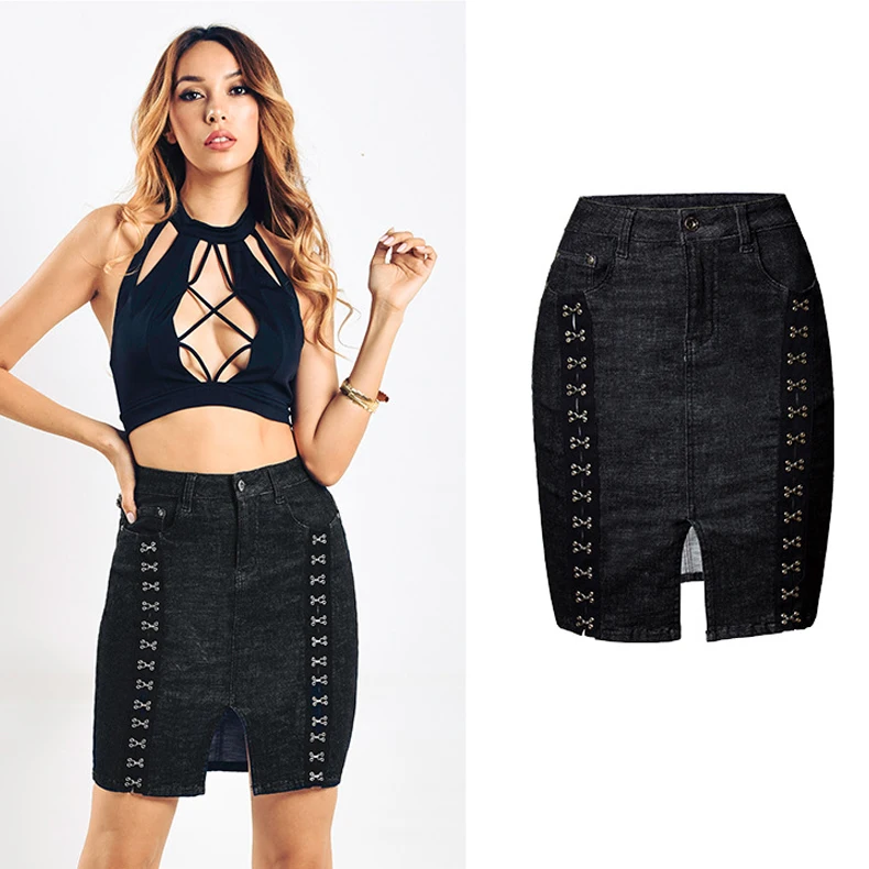 

2019 High Waist Sexy Women Bodycon Skirt Fashion Split Hem Rivets Denim Skirt Summer Women Hip Package Skirt Faldas Saias