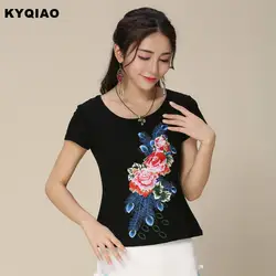 KYQIAO Этническая рубашка 2019 Большие размеры женская одежда женские летние Мексика Стиль хиппи темно синий белый цветочной вышивкой