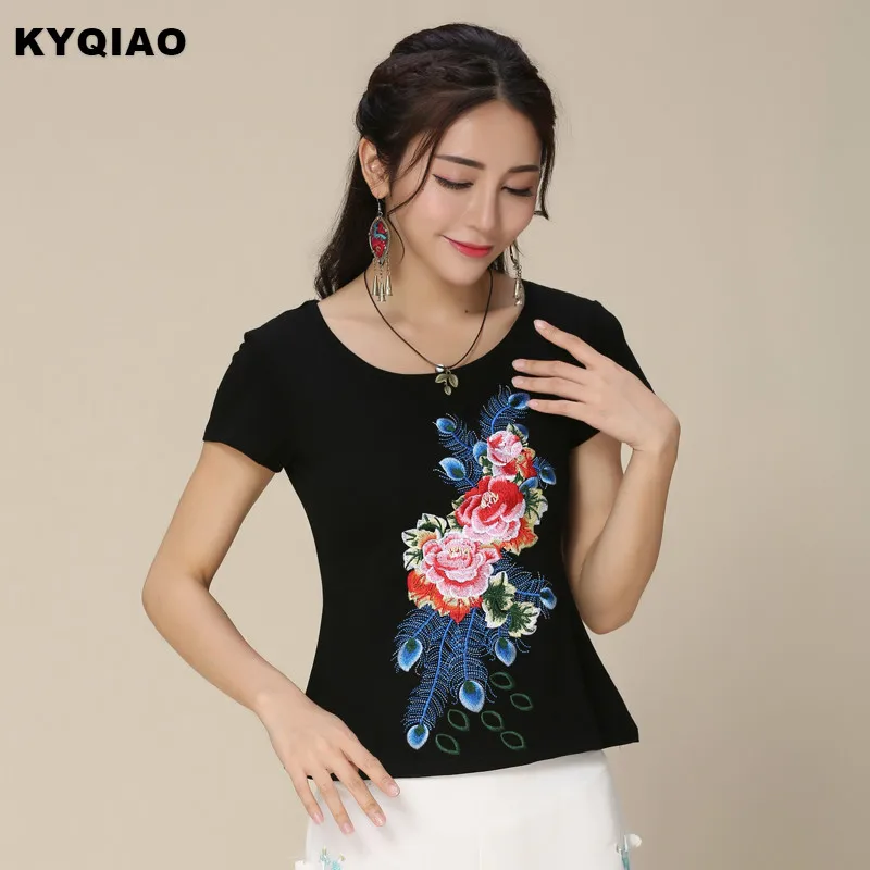Kyqiao Ethnique Chemise 2020 Grande Taille Femmes Vetements Femme Ete Mexique Style Hippie Bleu Fonce Blanc Broderie Florale T Shirt Aliexpress