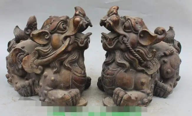 

S3200 12" Chinese Bronze Wealth Money Feng Shui Beast Unicorn RuYi PiXiu Pair Statue