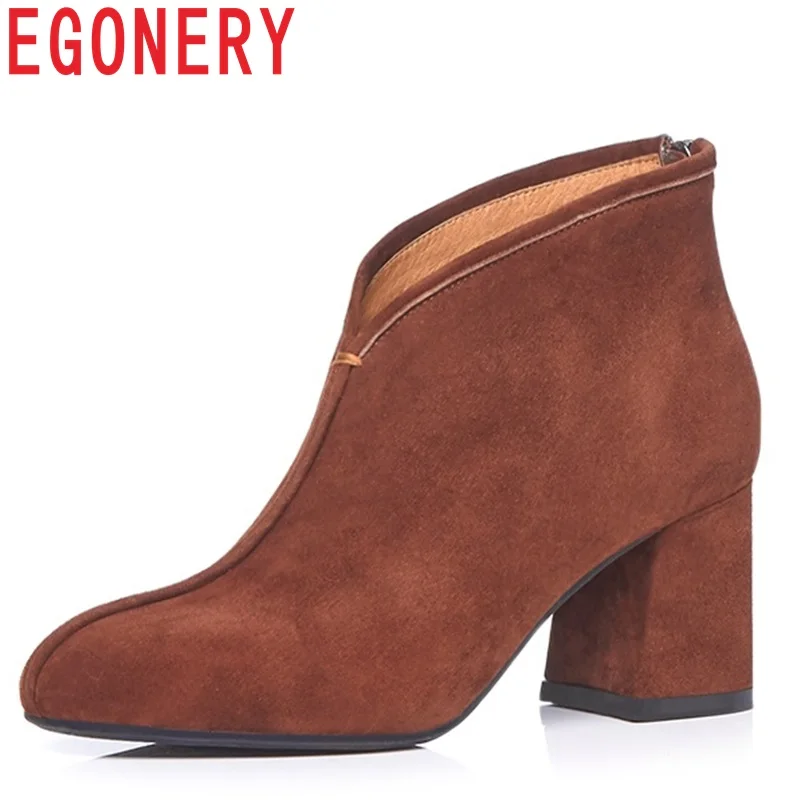 

EGONERY hot sale newest popular high square heel round toe zipper high quality kid suede outside winter warm ladies ankle boots