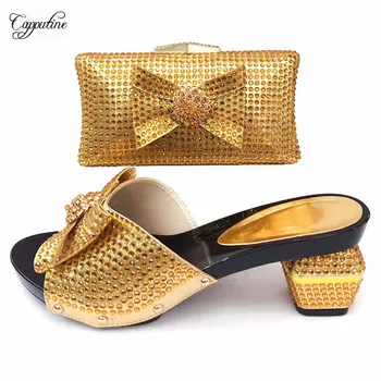 

New fashion gold slip-on shoes and purse bag set nice matching for lady dress 1072-1 heel height 7.5cm