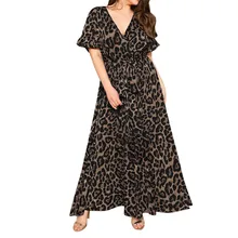 Весна Лето Модный женский сексуальный плюс размер Леопардовый принт v-образный вырез короткий рукав тонкий облегающий боди-бандаж платье для женщин