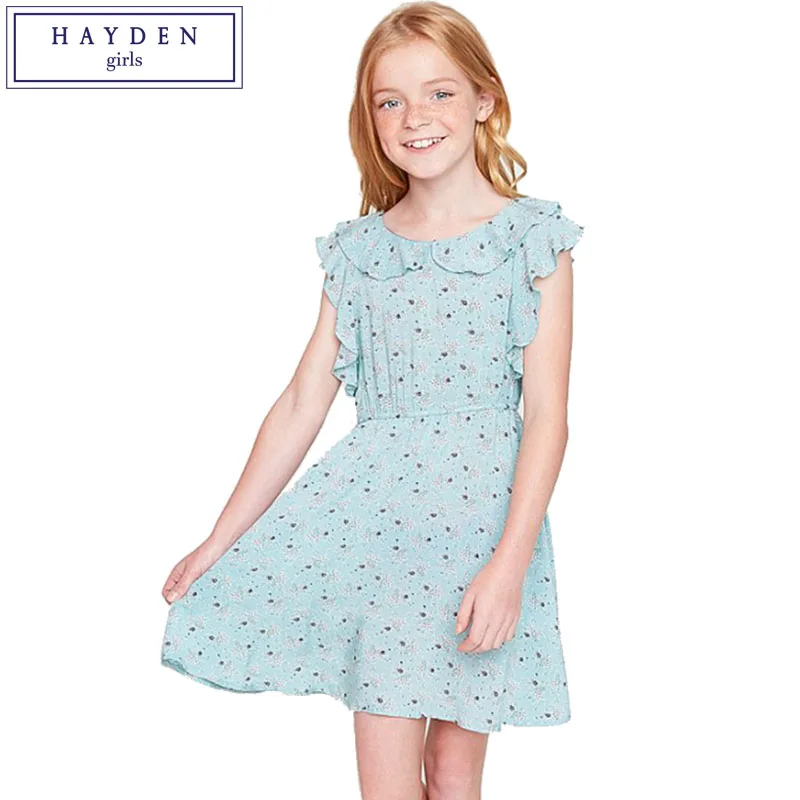 

HAYDEN Girls Floral Print Dress Brand High Quality Children Clothes 7 to 14 Years Teenage Girls Party Dresses Petan Pan Collar