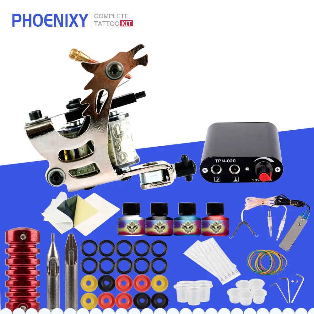 Starter Tattoo Kit 8 Wrap Coils Tattoo Gun Machines 4Pcs/Set Ink Grips