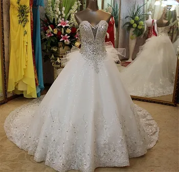شراءالعرف الرباط الخرز الثقيلة بلورات فاخر الكرة بثوب فساتين الزفاف قطار طويل Vestidos دي Noivas برنسيسا Cristal IZ044