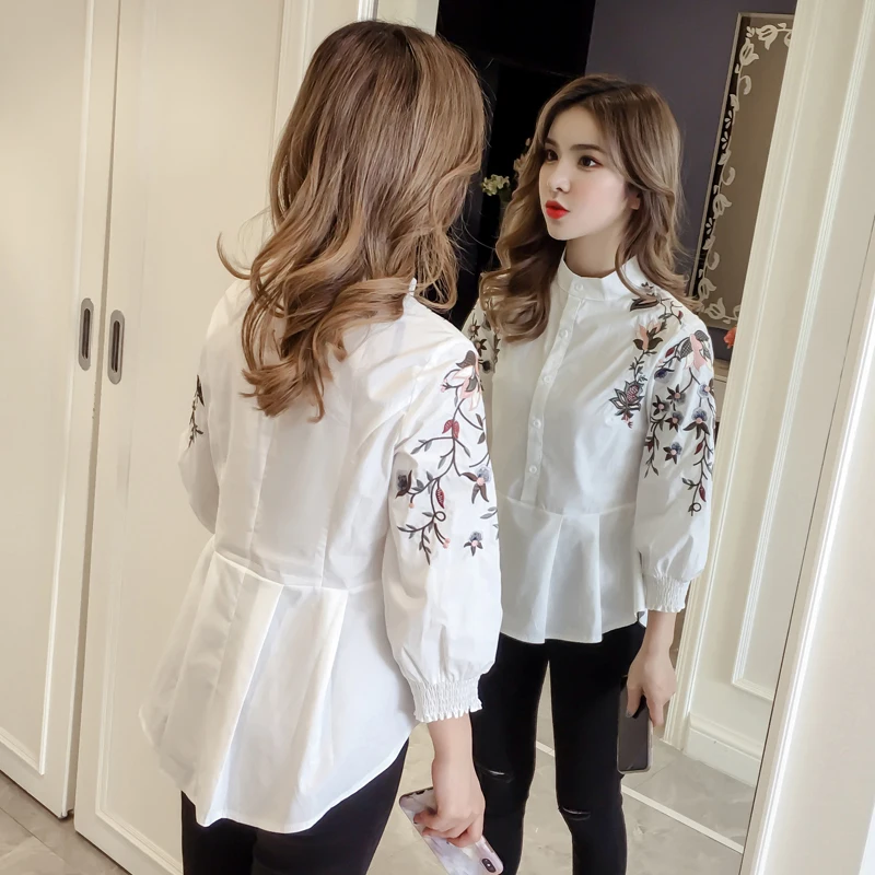  2018 autumn women fashion Sweet women blouse Full Embroidery Floral Mandarin Collar Casual Preppy S