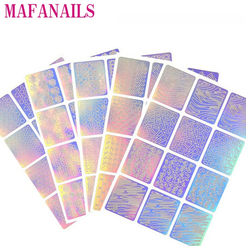 

12 Design In 1 Laser Nail Vinyls Hollow Irregular Pattern Stencils For Reusable Manicure Deco Sticker Nail Art Stencil Stickers