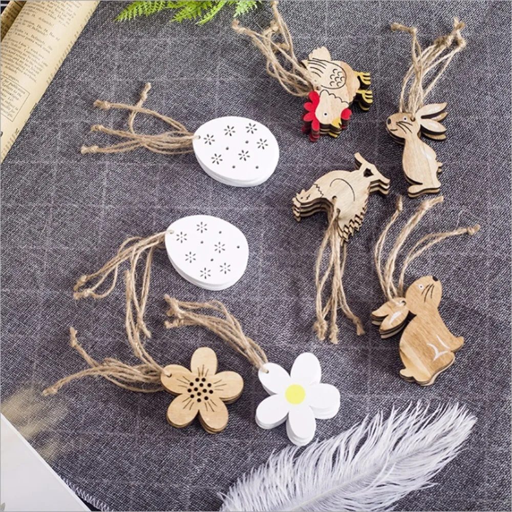 

8PCS/Set Happy Easter Decorations Wooden Easter Spring Home Decor Wooden Rabbit Pattern Chicken Eggs Wood Supplies