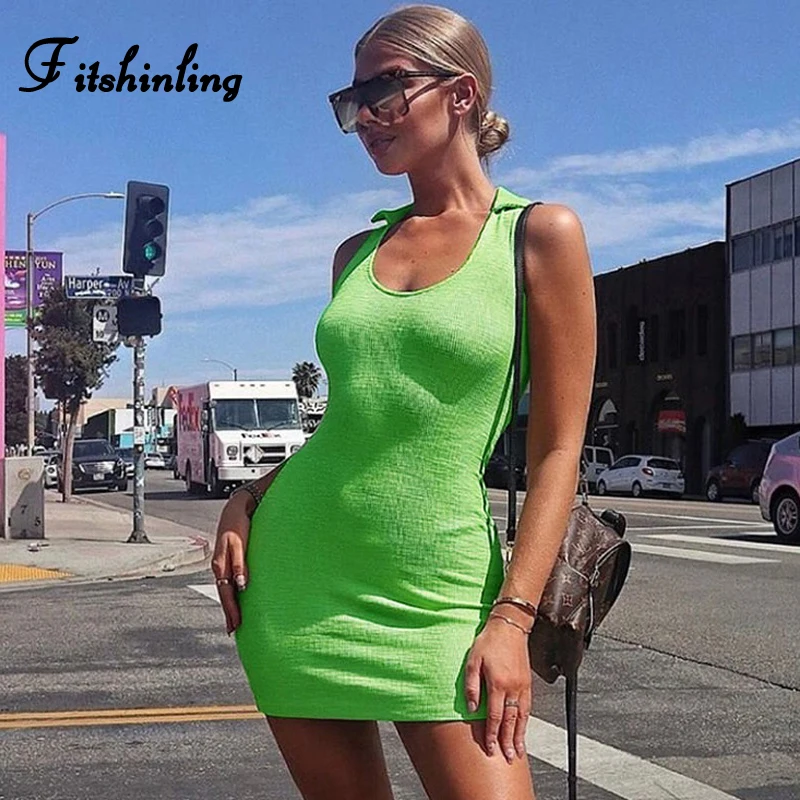 

Fitshinling Neon summer sundress turn-down collar sexy bodycon dress women clothes fluorescence sleeveless green short dresses