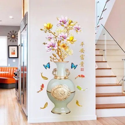 

50*110cm Chinese Style Vase PVC Wall Sticker 3D Creative Flower Living Room Bedroom Home Decoration Mural Poster